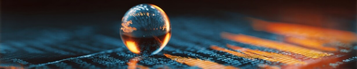 Macro view of a clear sphere reflecting glowing data on a dark surface.