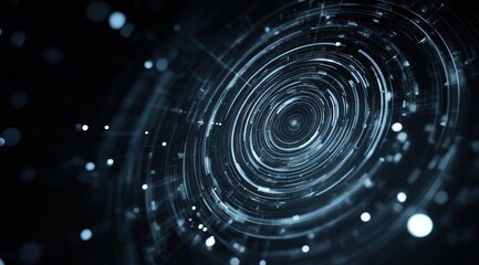 Abstract digital concentric circles with glowing bokeh lights on black background.