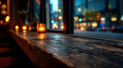 Warm candle light reflects on wet wooden surface near city window.