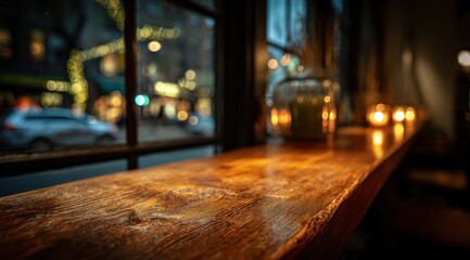 Warm wooden bar counter overlooks a blurry city street at night.