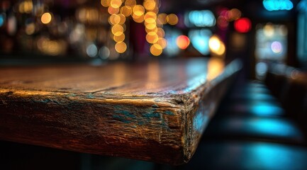 Close up of rustic wooden bar top with colorful bokeh lights background