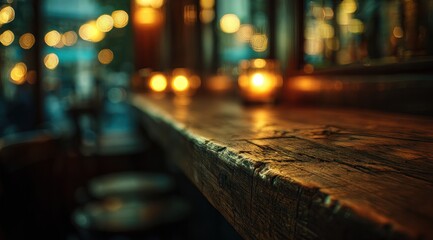 Wooden bar surface with warm bokeh lights in dark interior setting.