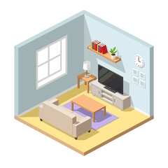 An isometric 3D vector illustration of a modern living room featuring a beige sofa, wooden coffee table on a purple rug, flat-screen TV, and bookshelf against light blue walls with a window