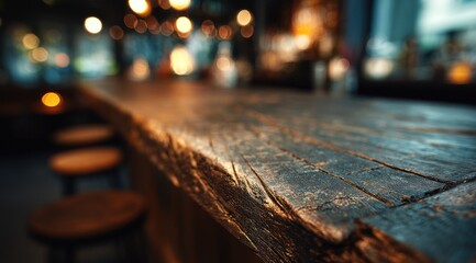 Rustic wooden bar surface with warm ambient bokeh lights in background.
