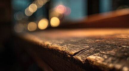 Close up of rough wooden surface with abstract background lights