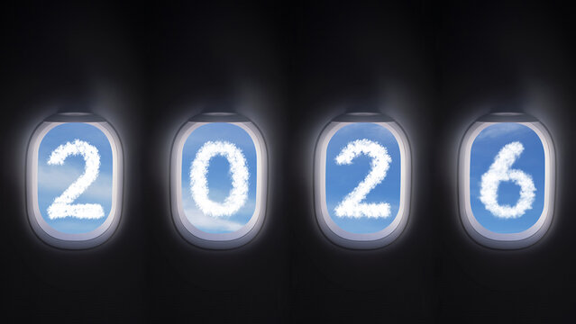 cloud 2026 outside the plane window, four airplane windows open white window shutter wide with blue sky view and white cloud in 2026 shape