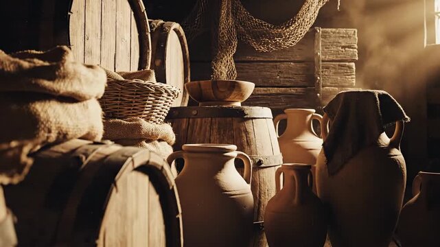 Rustic historical cellar storage with barrels, clay pots, and dramatic lighting.