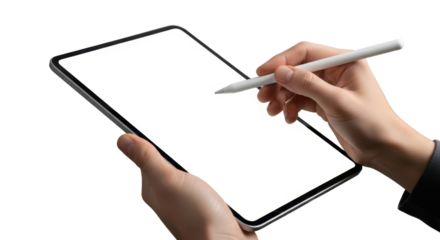 Person using stylus on digital tablet with blank screen for creative work