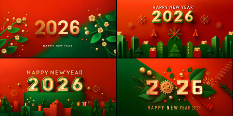 A collage of happy new year 2026 themed images with red and green backgrounds and gold accents