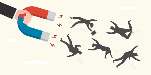 Businessman hand holding magnet to attract various people. Human resources, hiring process. Call for attention concept, promotion campaign, marketing.