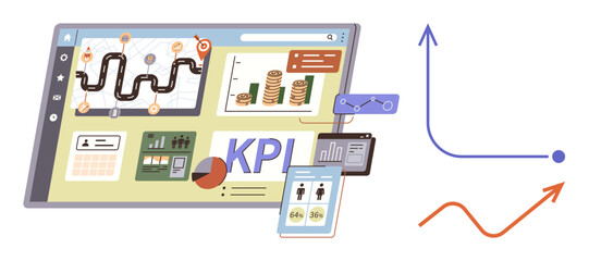 Data dashboard displaying charts, financial growth metrics, and progress tracking. Ideal for business efficiency, data analysis, goal tracking, productivity, decision-making, presentation tools
