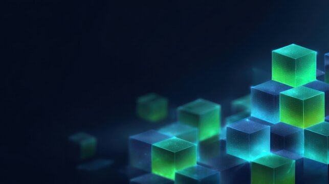 Glowing digital cubes form abstract data blocks against a dark background.