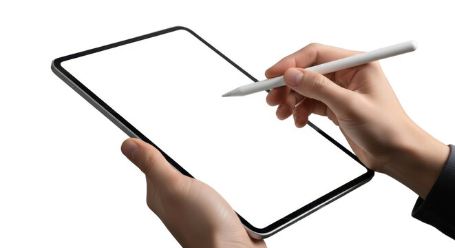 Person using stylus on digital tablet with blank screen for creative work