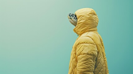 A Surreal Representation of Identity: Person in a Yellow Jacket with a Turtle Head Against a Soft Gradient Background