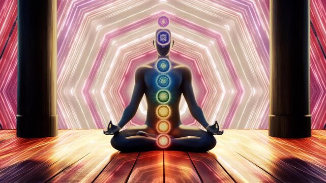 Digital animation of a meditating figure with visible chakras