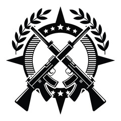 Naklejka premium Crossed assault rifles with starburst and olive branches illustration art