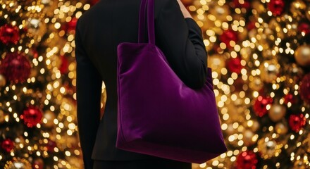 Woman in Black Outfit Holding a Luxurious Purple Velvet Tote Bag Amidst a Festive Christmas Tree Bokeh Background