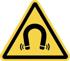Magnetic field sign. Black danger icon on yellow triangle symbol. Vector illustration of magnet. Hazard symbol.