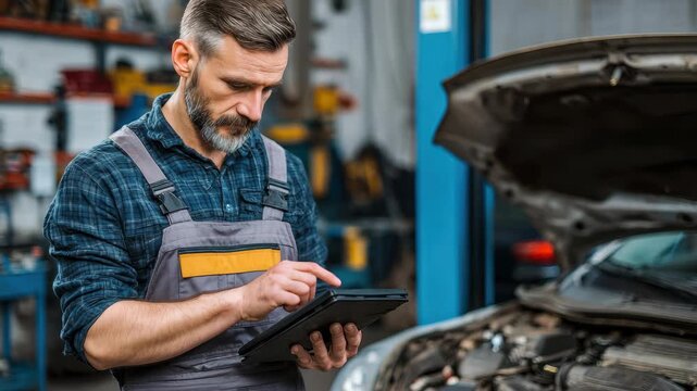 Mechanic performs car diagnostics on tablet while attending to vehicle breakdown in auto repair shop