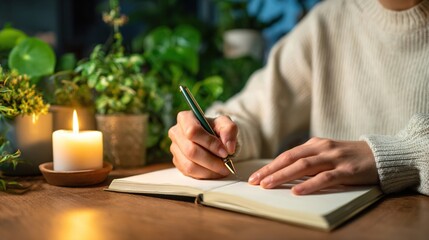 A woman of Asian descent writes in a journal surrounded by lush plants and a candle, creating a serene atmosphere.