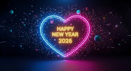 Happy New Year 2026 greeting with neon heart and colorful spheres
