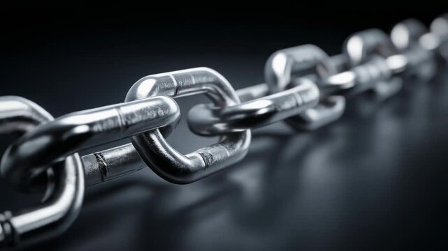 Close-up of a shiny metallic chain link on a dark background, ideal for industrial and security concepts