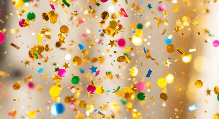 Dynamic shower of sparkling golden confetti and vibrant colorful glitter, creating a festive atmosphere for joyful celebrations, parties, and special memorable events