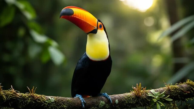Colorful toucan perched on a branch in a lush green rainforest setting with vibrant foliage and mosses