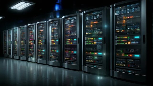 Futuristic server room with illuminated racks showcasing advanced technology and data management systems