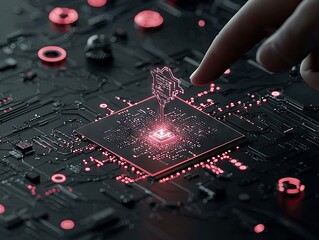 A finger interacts with a futuristic circuit board, activating a glowing holographic chip that rises from the surface.