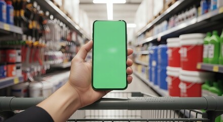 First-person perspective of a hand holding a mobile phone with a chroma key screen in a retail store aisle