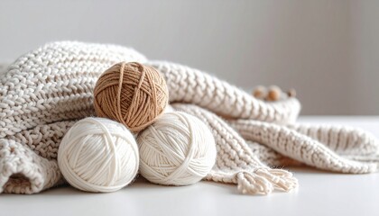 Fototapeta premium 毛糸と編み物の静物｜秋冬のクラフトとインテリア｜Minimalist yarn still life with cozy knitting – seasonal home decor 