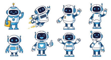 Friendly robot characters expressing various emotions in a playful, modern style, perfect for tech startups and innovative learning materials with a futuristic appeal