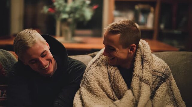 Two kindhearted friends share a warm moment while wrapped in a cozy blanket in a welcoming living room setting