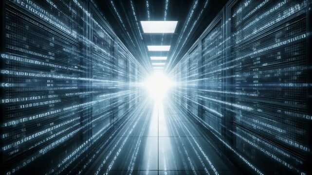 Futuristic data center with glowing light and digital binary code ambiance for technology enthusiasts
