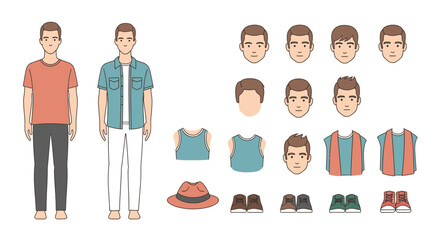 Create a Personalized Male Character with Wardrobe Options, Featuring Modern Style and Expressive Hairstyles for Game Development or Fashion Illustration