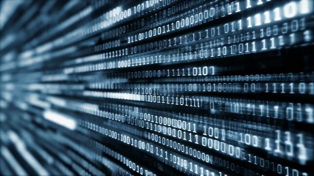 Futuristic digital data flow with glowing binary code in blue tones for technology-themed projects