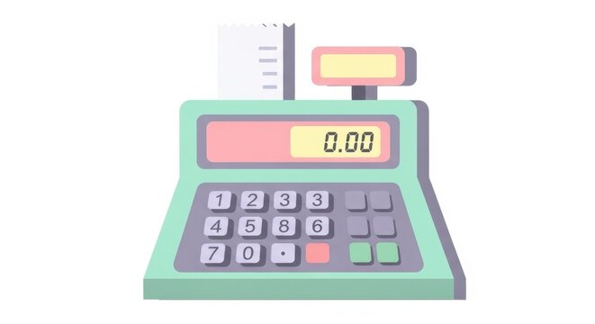 Illustration of a retro-styled cash register with receipt, zero value, and pastel color palette
