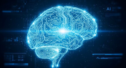 Futuristic glowing blue circuit board brain representing AI and technology artificial intelligence