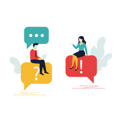 Business people sitting on giant speech bubble icons representing online communication, discussion, and customer support, isolated on