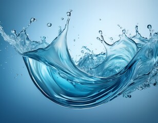 a dynamic splash of water frozen in motion creating a wave like abstract shape against a light blue background