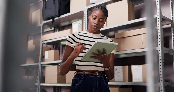 Logistics, woman and writing on tablet in warehouse for inventory, quality control and shipping. Supply chain, black person and stylus with cargo checklist for storage management and backlog update