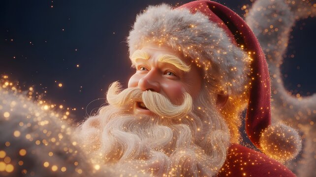 Close-up Portrait of Smiling Santa Claus with Golden Beard, Moustache & Furry Hat Surrounded by Sparkling Magical Dust – Detailed 3D Render of Festive Holiday Character – Christmas Night Fantasy Scene