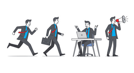 Dynamic businessman character set showing career stages, from running to briefcase to office job to leadership, a vector illustration for professional business needs