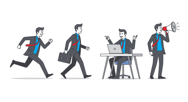 Dynamic businessman character set showing career stages, from running to briefcase to office job to leadership, a vector illustration for professional business needs