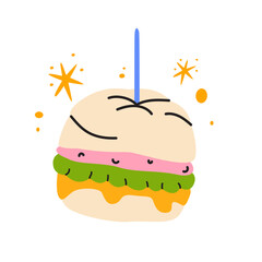 Fast food element in cartoon doodle style. Hand drawn hamburger with bun, salad and cheese. Street food sticker. Vector illustration isolated on white background