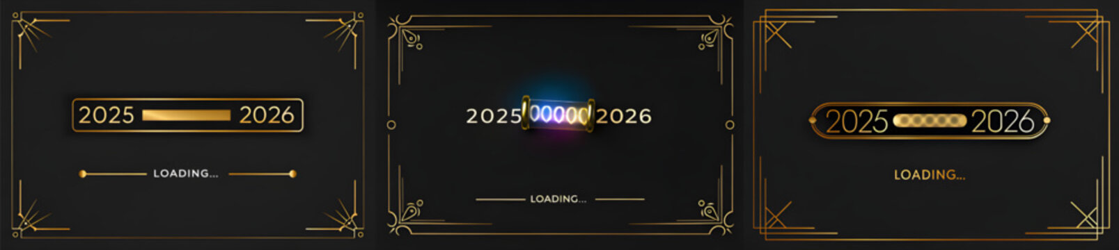 Three variations of a loading screen transitioning from year 2025 to 2026 with gold accents