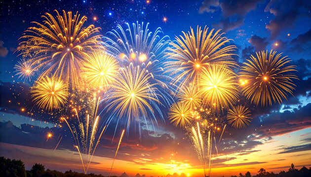 Vibrant fireworks display over colorful sunset sky, creating festive and joyful atmosphere