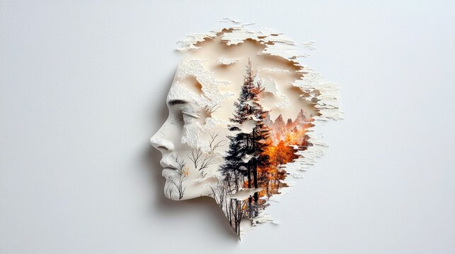 A profile of a person's face is depicted with torn edges, revealing a vibrant forest landscape with tall trees and a fiery sunset within.
