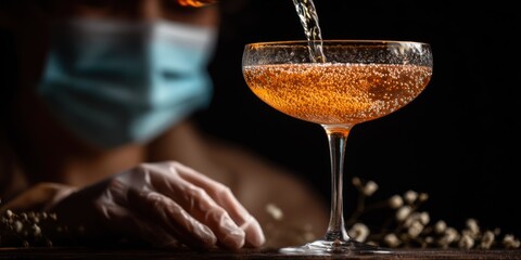 A cocktail being poured, a person wearing a mask and gloves in dark setting